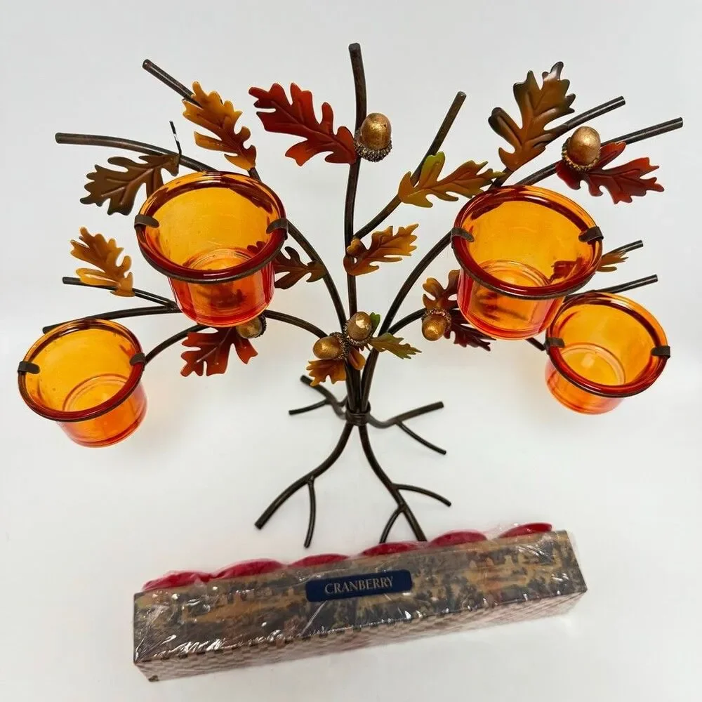 Metal Tree Votives Candle Holder With Orange Glass And Acorn Details